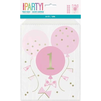 Pink Gingham 1st Birthday Paper Treat Bags (pack quantity 8)