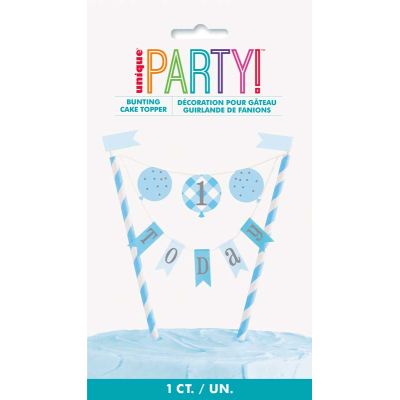 Blue Gingham 1st Birthday Bunting Cake Topper
