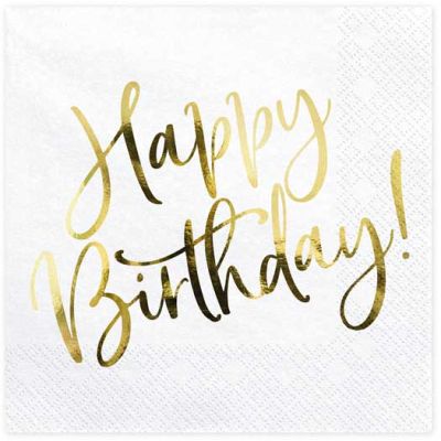 33x33cm Gold Foil White Happy Birthday Napkins (pack quantity 20)