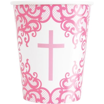 9oz Fancy Pink Cross Paper Cups (pack quantity 8)