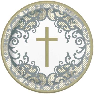 7 Inch Fancy Gold Cross Round Plates (pack quantity 8)