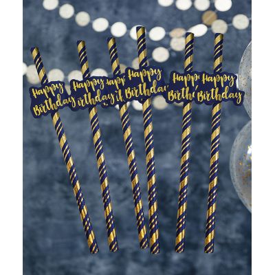 Navy & Gold Happy Birthday Straws (pack quantity 6)