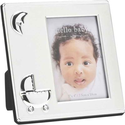 3x4 Inch Hello Baby Silverplated Frame With Pram Icon