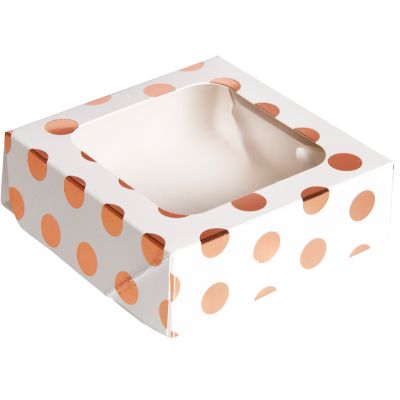 Foil Rose Gold Polka Dot Small Square Treat Boxes With Window (pack quantity 3)