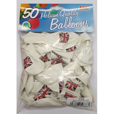 12 Inch White Printed Red & Blue Union Jack Balloons (pack quantity 50)
