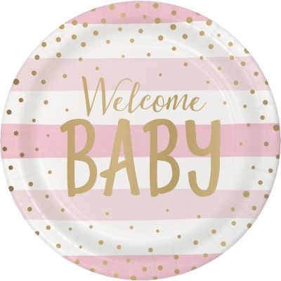 23cm Welcome Baby Pink And Gold Paper Plates (pack quantity 8)