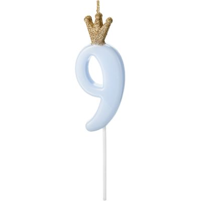 Number 9 Light Blue Birthday Candle With Crown