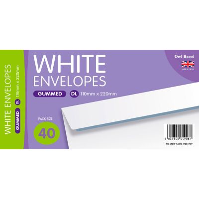 110x220mm Dl White Gummed Envelopes (pack quantity 40)
