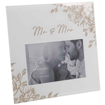 4x6 Inch 'mr & Mrs' Pale Grey Glass Gold Floral Frame