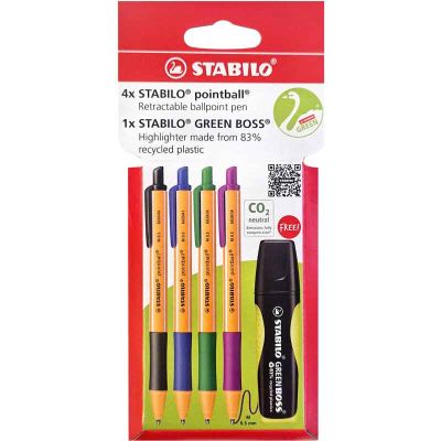 5pc Stabilo Ballpoint Pens And Green Boss Highlighter