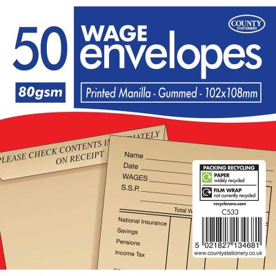 102x108mm Manilla Gummed Printed Wage Envelopes (pack quantity 50)