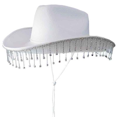 White Cowboy Hat With Diamante Chain