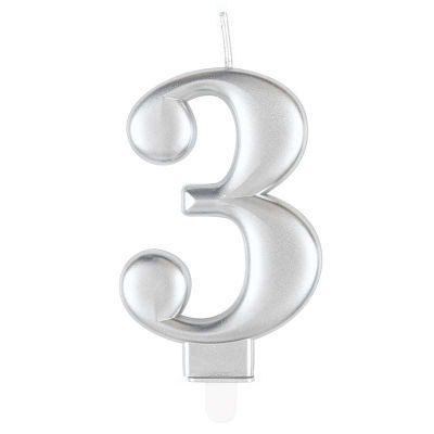 Metallic Silver Numeral 3 Birthday Candle