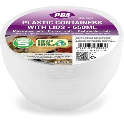 650ml Plastic Round Food Containers & Lids (pack quantity 5)