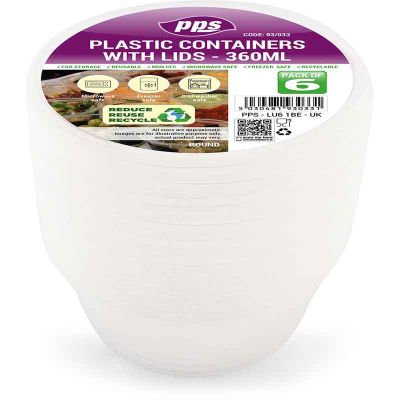 360ml Plastic Round Food Containers & Lids (pack quantity 8)