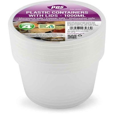 1000ml Plastic Round Food Containers & Lids (pack quantity 4)