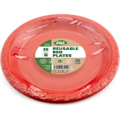 26cm Red Plastic Round Plates (pack quantity 5)