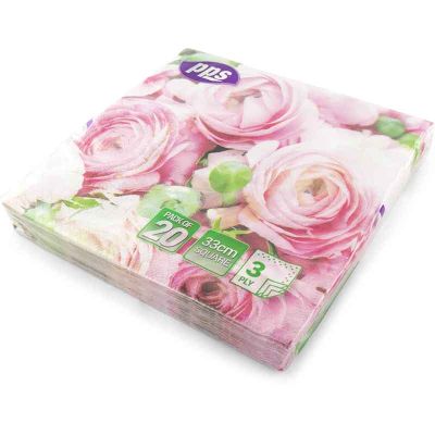 33cm 3ply Pink Roses & Green Leaf Napkins (pack quantity 20)