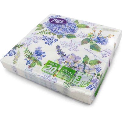 33cm 3ply Blue Flower With Leaf Napkins (pack quantity 20)