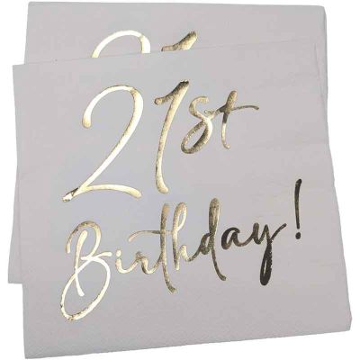 21st Birthday White With Gold Napkins (pack quantity 10)