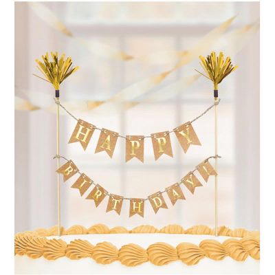 Happy Birthday Gold Cake Pick Banner