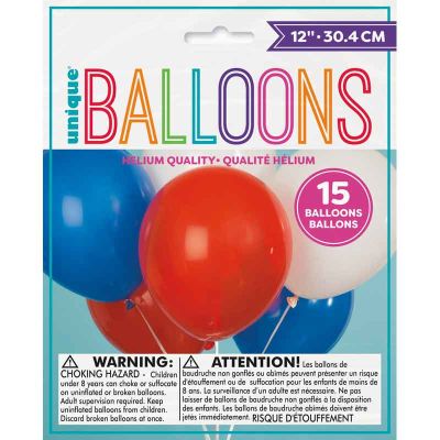 12 Inch Assorted R/w/b Latex Balloons (pack quantity 15)