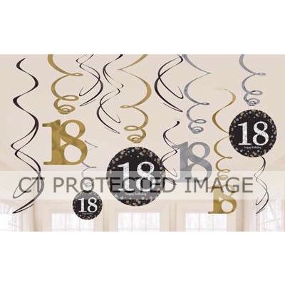  18th Gold Sparkles Hanging Swirls (pack quantity 12) 