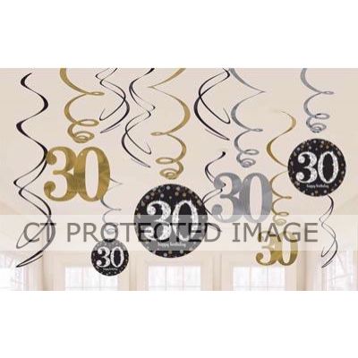  30th Gold Sparkles Hanging Swirls (pack quantity 12) 