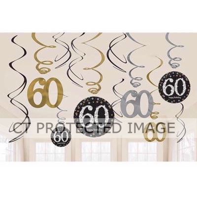  60th Gold Sparkles Hanging Swirls (pack quantity 12) 