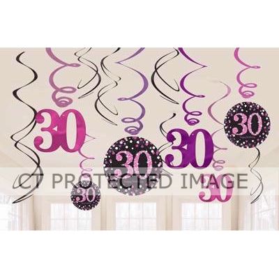  30th Pink Sparkles Hanging Swirls (pack quantity 12) 