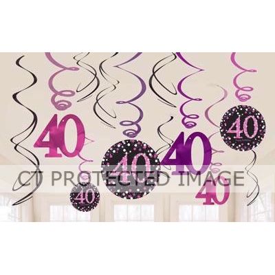  40th Pink Sparkles Hanging Swirls (pack quantity 12) 