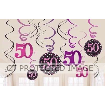  50th Pink Sparkles Hanging Swirls (pack quantity 12) 