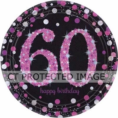  9 Inch 60th Pink Sparkles Plates (pack quantity 8) 