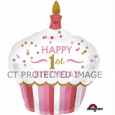 1st Birthday Cupcake Girl Holographic Super Shaped Foil Balloon