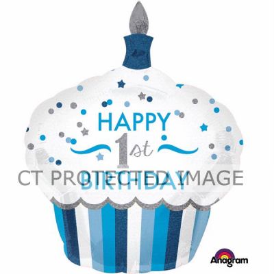 1st Birthday Cupcake Boy Holographic Super Shaped Foil Balloon