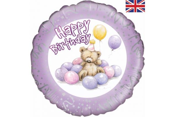 18 Inch Happy Birthday Bear Lilac Foil