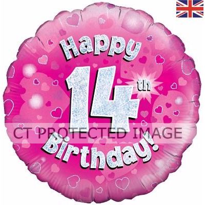 18 Inch 14th Birthday Pink Holographic Foil