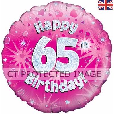 18 Inch 65th Birthday Pink Holographic Foil
