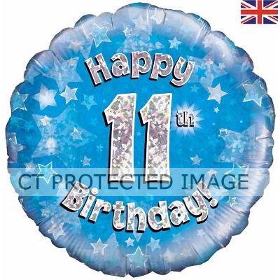 18 Inch 11th Birthday Blue Holographic Foil