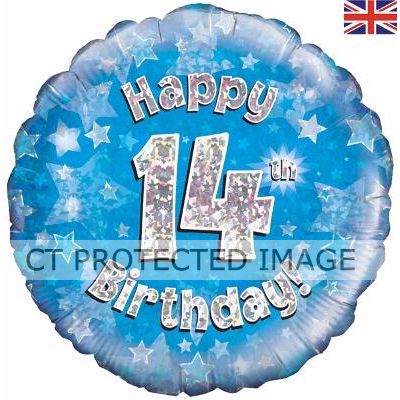 18 Inch 14th Birthday Blue Holographic Foil