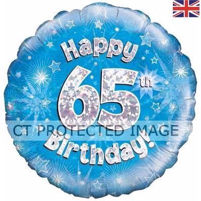 18 Inch 65th Birthday Blue Holographic Foil