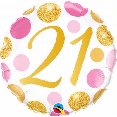 18 Inch 21st Pink & Gold Dots Foil Balloon