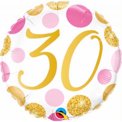 18 Inch 30th Pink & Gold Dots Foil Balloon