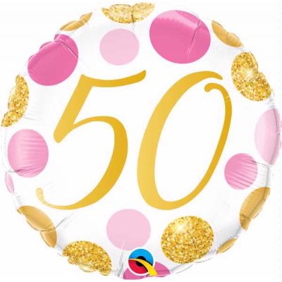 18 Inch 50th Pink & Gold Dots Foil Balloon