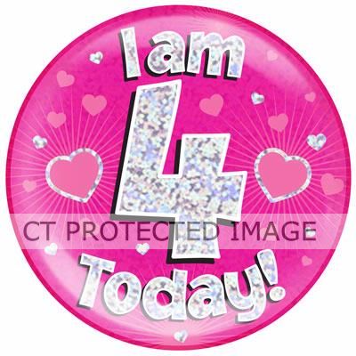 6 Inch I Am 4 Today Pink Jumbo Badge