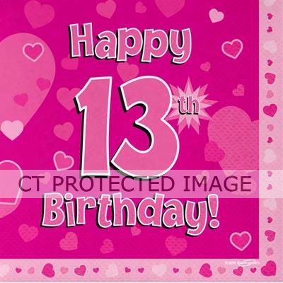  13th Birthday Pink Napkins (pack quantity 16) 