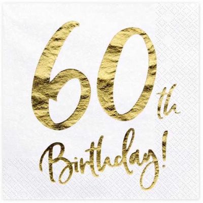  60th Gold Foil On White Napkins (pack quantity 20) 