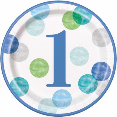  9 Inch Blue Dots 1st Birthday Plates (pack quantity 8) 