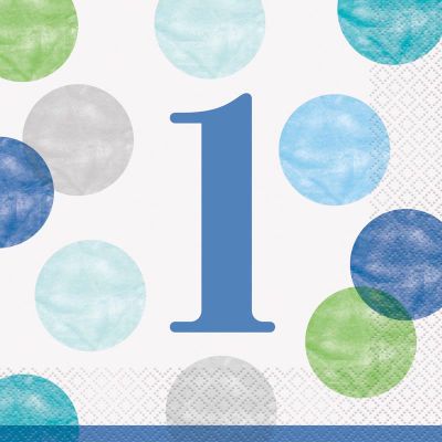  Blue Dots 1st Birthday Napkins (pack quantity 16) 