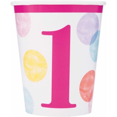 9oz Pink Dots 1st Birthday Cups (pack quantity 8) 